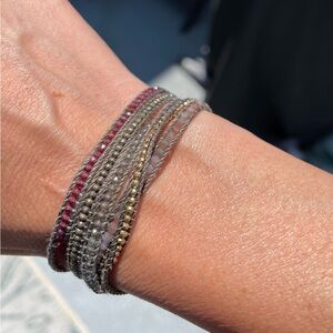Chan Luu wrap bracelet with garnet, labradorite, and yellow gold